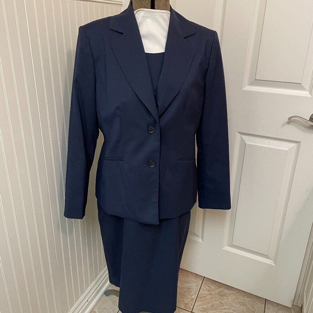 KASPER NAVY SUIT WITH SHEATH DRESS AND JACKET, SIZE 12